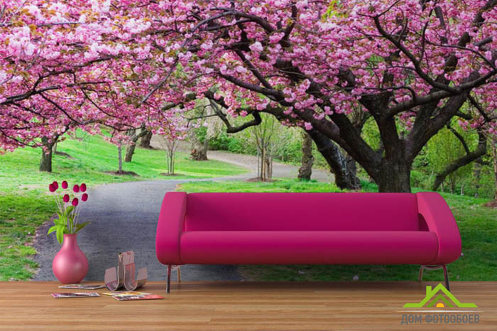 Фотообои розовые деревья в интерьере